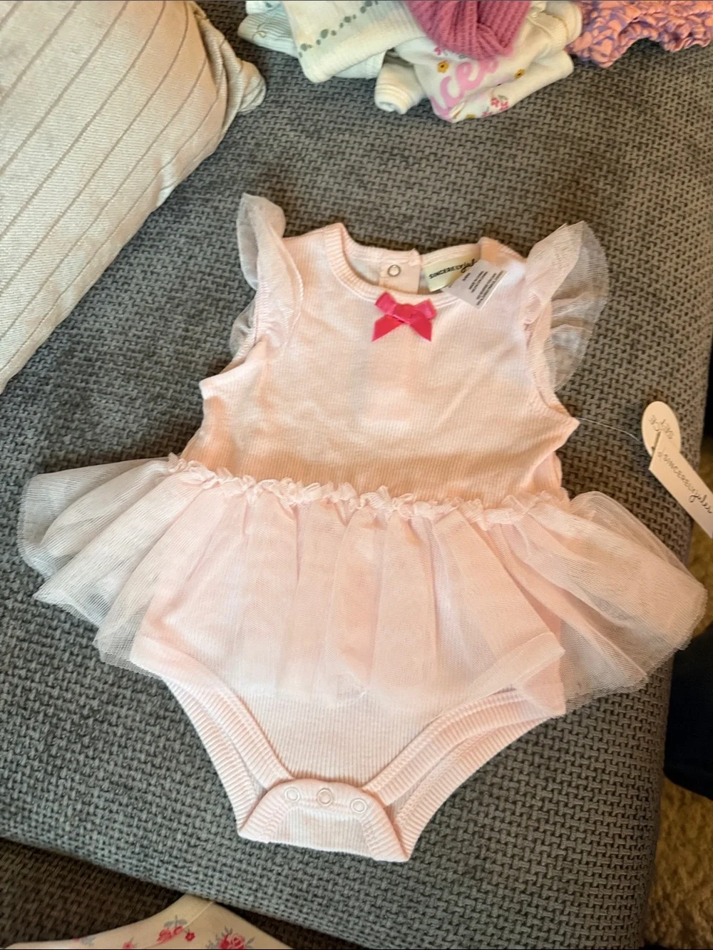 Sincerly Jules Pink Floral & Light Pink Tulle Baby One-Piece Bodysuit Set